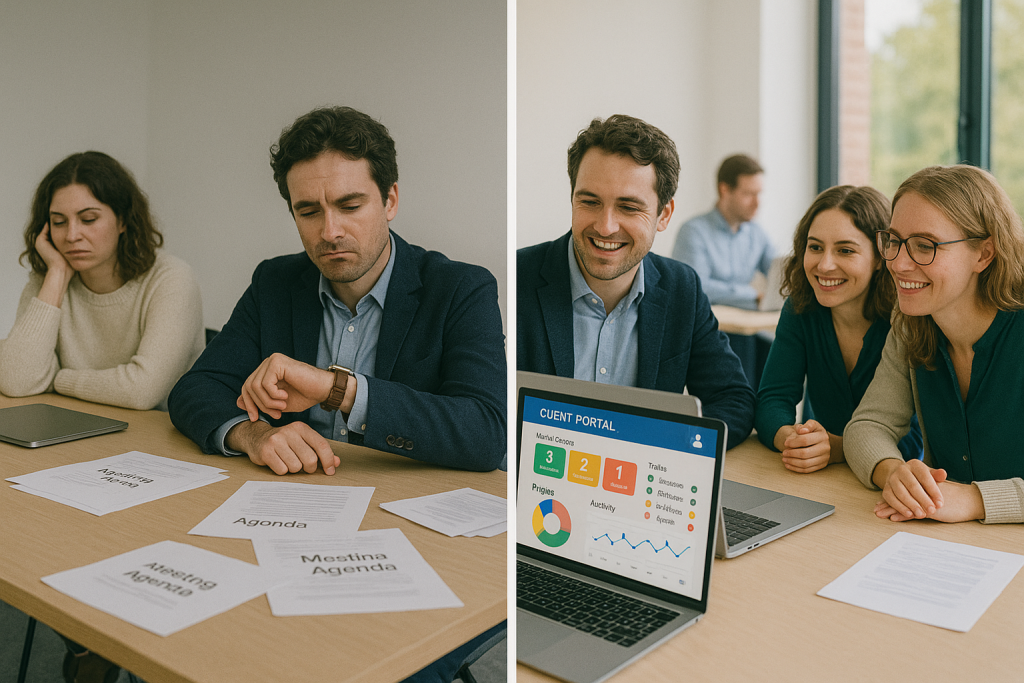 Side-by-side split image: left side shows a dull, cluttered meeting room with bored consultants, right side shows a bright, vibrant office with people collaborating efficiently